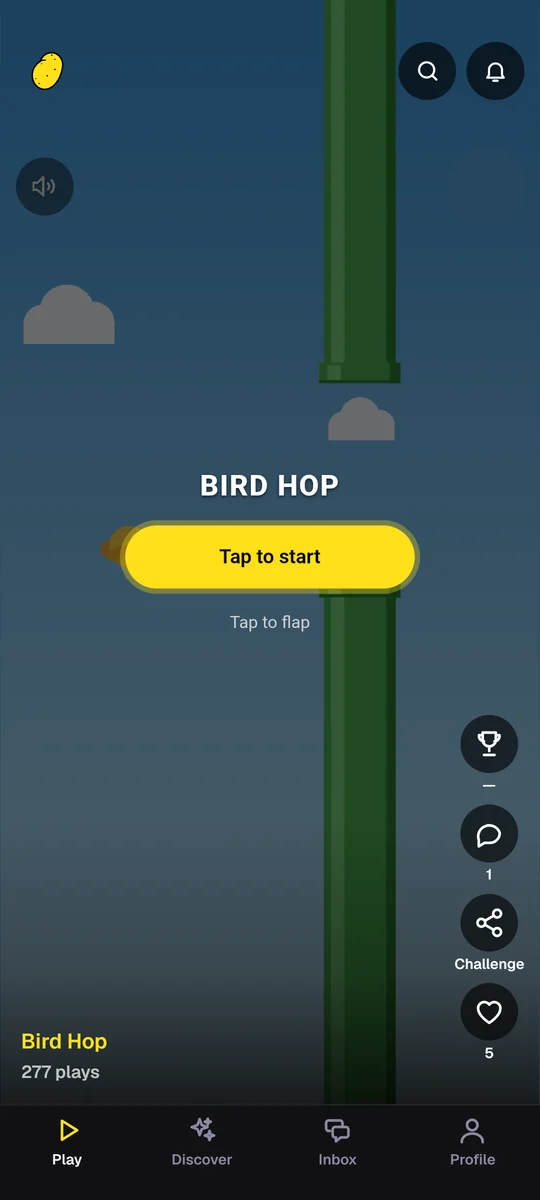 Der Batata-Feed mit einem laufenden Spiel hinter dem Startknopf